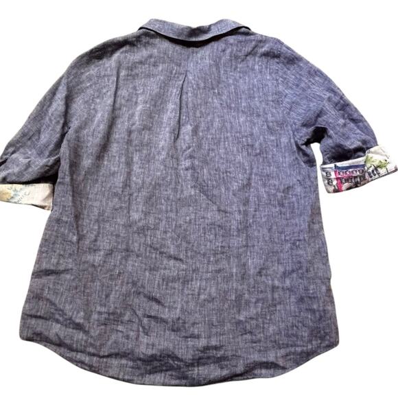 Chico's Linen Shirt No Iron Side Button Tunic Contrast Print Trim Blue 3 (XL) - Picture 2 of 9